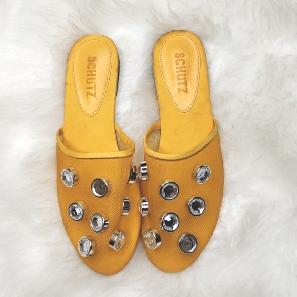 SCHUTZ Women Girah Crystal Embellished Mules -Mustard yellow 6B - Picture 1 of 8
